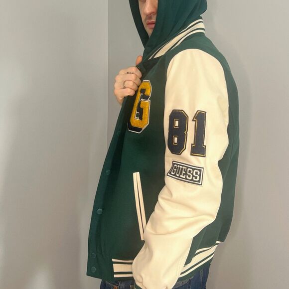 NWT GUESS Varsity Jacket Men’s M Double-Layered Hoodie Green & Cream - Picture 4 of 6